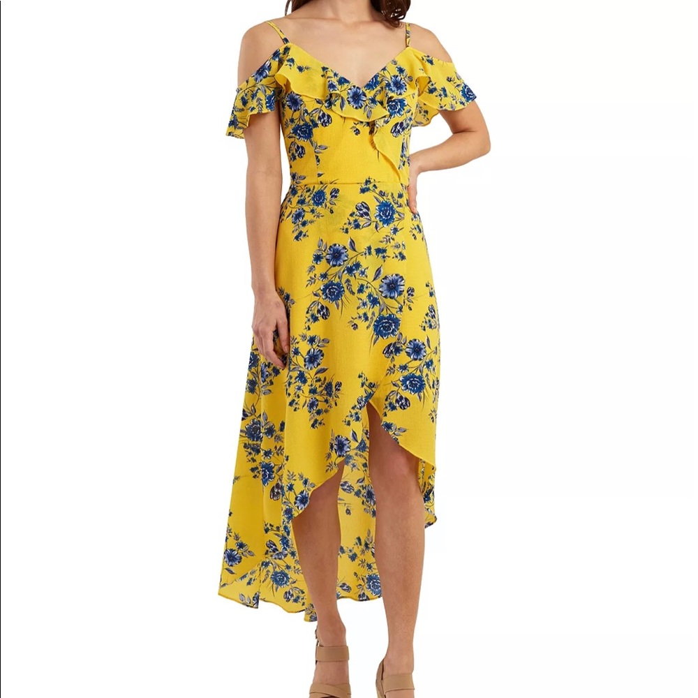 Juniors' Printed Off-The-Shoulder High Low Maxi Dress